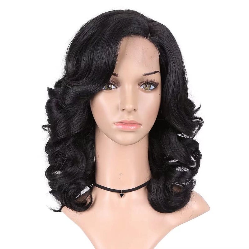 Lady Miranda Loose Wave Lace Part Wig Pure Color Nature Curly Synthetic Heat Resistant Weave Full Wigs for Women(Black) - Image 3